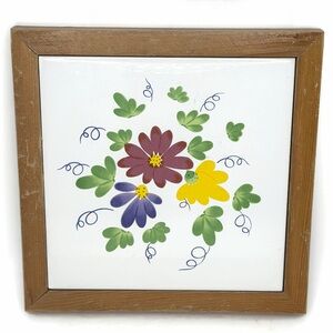 Vintage Floral Ceramic Tile Trivet Hanging Wood Frame